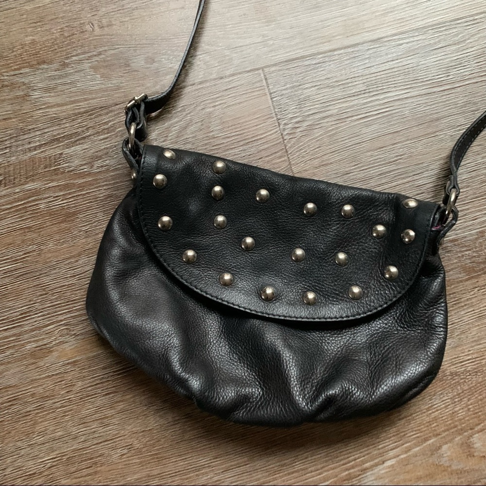 Maurizio Taiuti Black Leather Studded Flap Crossbody Purse Bag